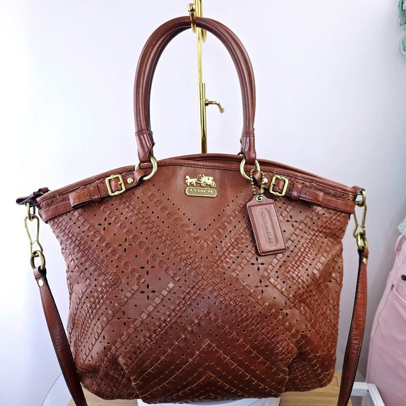 Coach Handbags - Coach Madison Criss Cross Leather Lindsey Satchel Brown Woven Perforated Leather